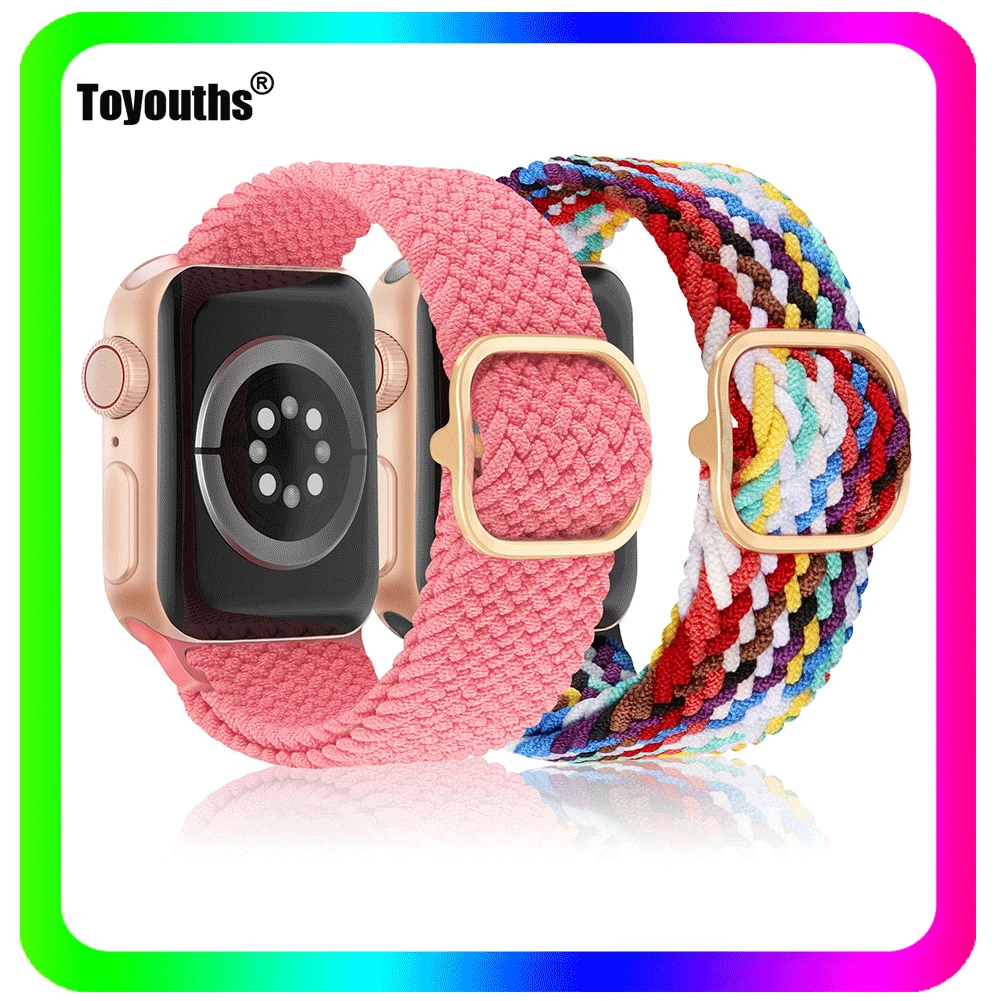 Toyouths 2 Опаковки Еластичен Найлонов ремък с линия за Apple Watch, Регулируема Еластична Оплетена Каишка за iWatch Serie 7 41/45 мм