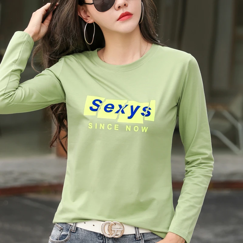 Зелена тениска с писмото принтом 2020, Есенна Памучен тениска, дамска тениска с Кръгло деколте и Дълъг ръкав, Зимни Свободни Тениски с дъното, Нови женствени Меки Върхове