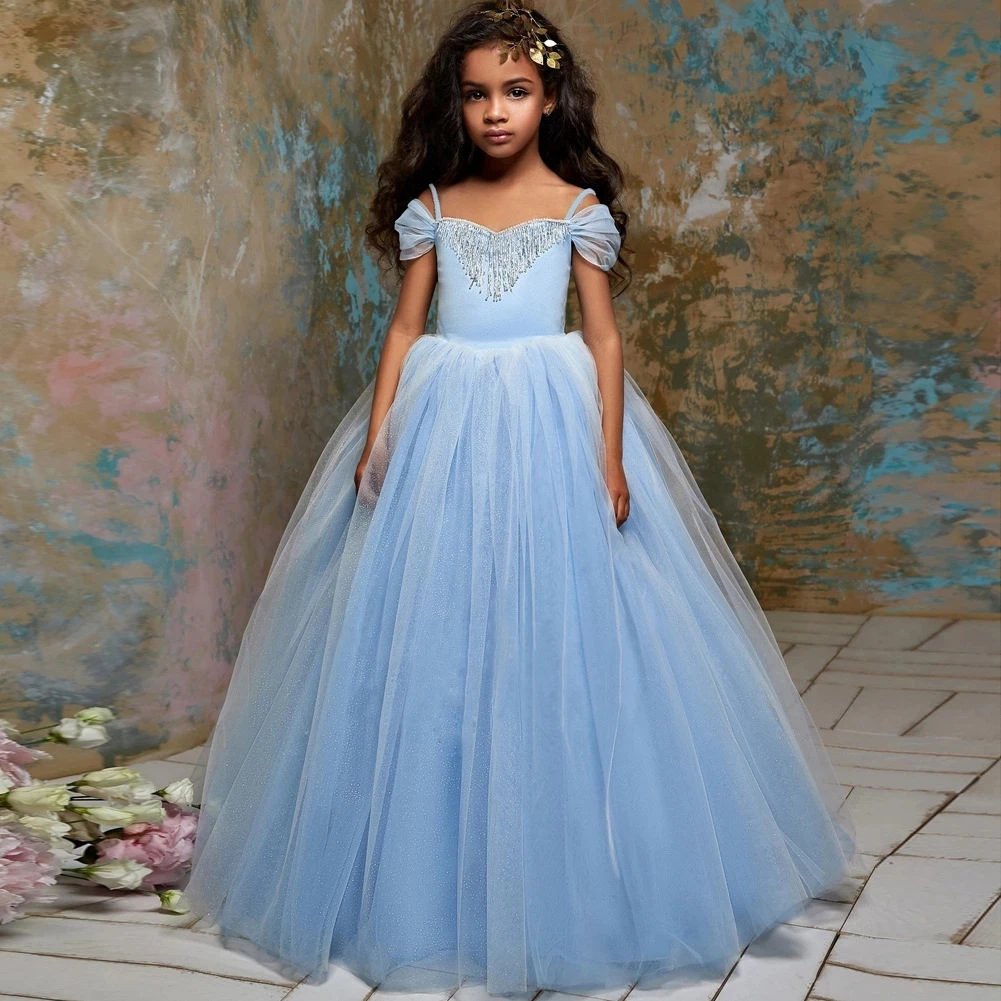 Скай-сини Рокли с цветя модел За Момичета На Сватбата Трапецовидна форма с открити Рамене, Тюлевые Дълги Рокли За Първо Причастие За Малки Момичета