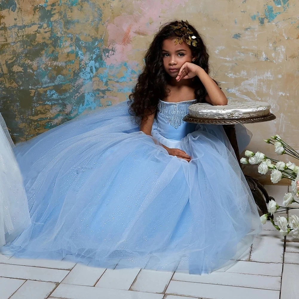 Скай-сини Рокли с цветя модел За Момичета На Сватбата Трапецовидна форма с открити Рамене, Тюлевые Дълги Рокли За Първо Причастие За Малки Момичета Изображение 1 