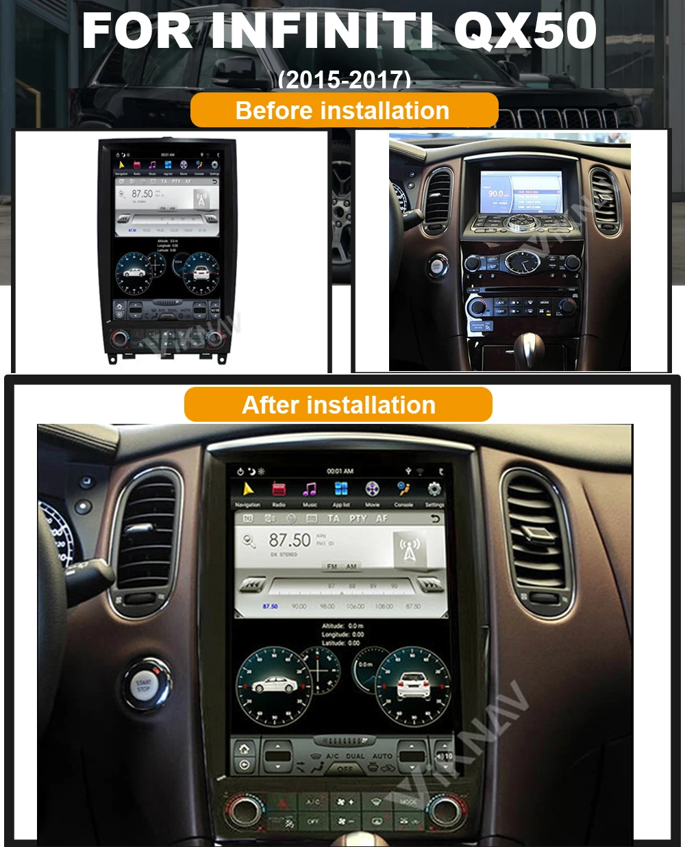 Система Android вертикален екран Автомобилен GPS навигация За Infiniti QX50 2015-2017 Мултимедиен Радио DVD Плейър, WIFI BT Изображение 0 